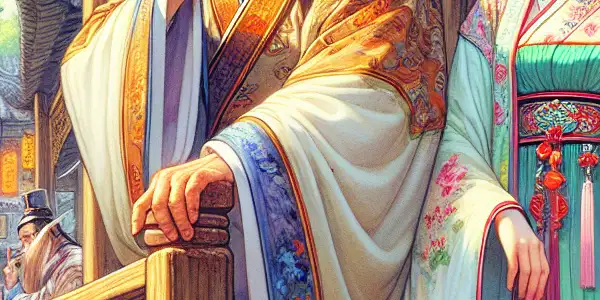 A whimsical scene of Tang Bohu and Qiu Xiang in a joyful Ming Dynasty setting, embodying romance and humor.