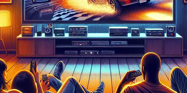 A cozy home cinema scene with friends enjoying a fast-paced action movie, surrounded by movie memorabilia and snacks.