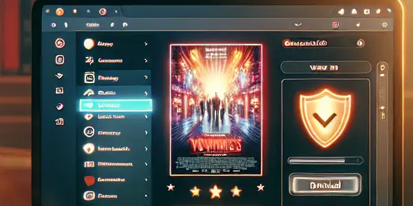 A cozy modern workspace with a laptop showing a movie download interface, coffee, film reels, and notes.
