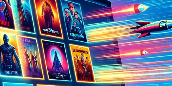 A cozy living room scene featuring a computer screen displaying colorful movie posters and symbols of fast streaming.