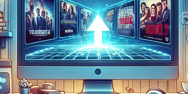 A modern digital workspace featuring a computer displaying a movie download interface in a cozy, inviting setting.