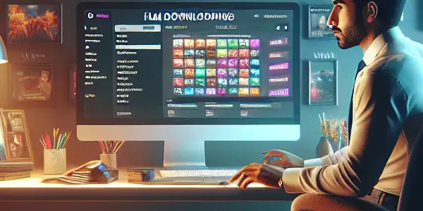 A modern workspace for movie downloading, featuring a focused person, vibrant movie posters, and ambient lighting.