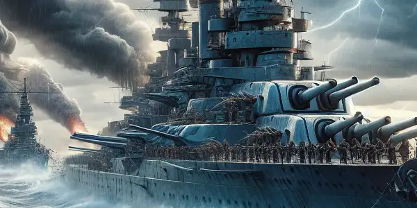 The Japanese battleship Yamato battles stormy seas, with crew members bravely manning stations amidst chaos.