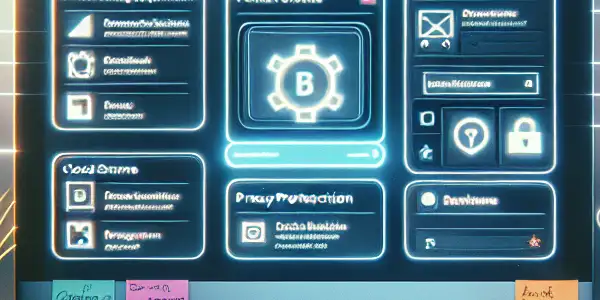 A modern workspace featuring a computer with an organized digital bookmark interface and creative management tools.