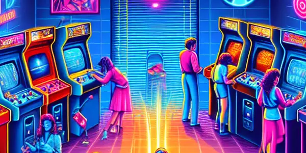 A lively arcade filled with classic video games, neon lights, and joyful people sharing nostalgic moments.