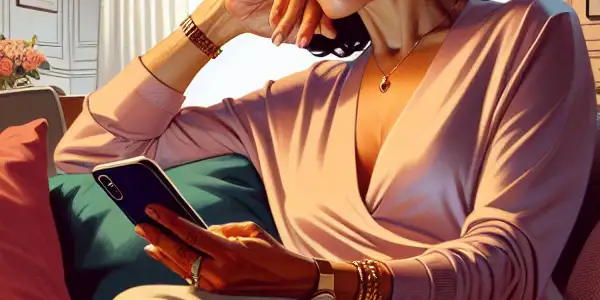 A sophisticated middle-aged woman enjoys digital media on her smartphone in a cozy, elegantly decorated living room.