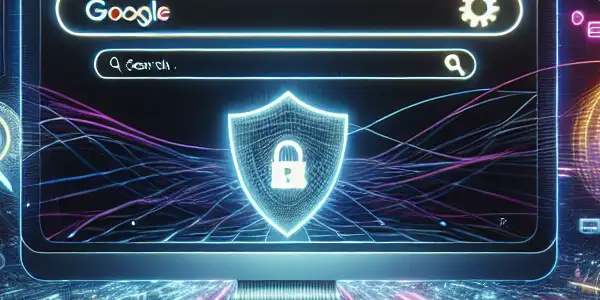 A futuristic search platform interface for adult videos, featuring vibrant results and privacy icons in a high-tech atmosphere.