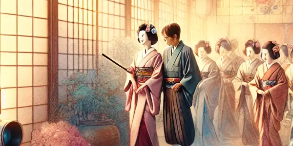 An intimate Japanese-style room featuring actors in elegant costumes, vintage film equipment, and a warm, inviting atmosphere.
