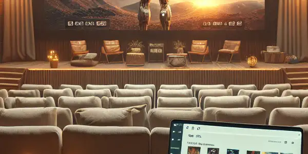 A cozy home theater with a large screen, movie posters, and a laptop showcasing a film download platform.