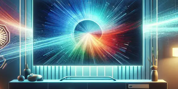 A modern living room with a high-definition TV, ambient lighting, and symbols of privacy and fast-paced digital life.