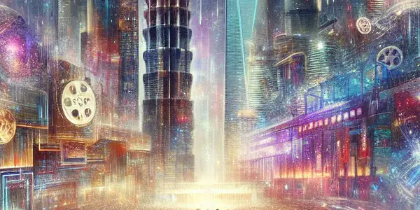 Glamorous celebrities on the red carpet at the vibrant 2023 Weibo Movie Night in Shanghai, with a stunning skyline backdrop.