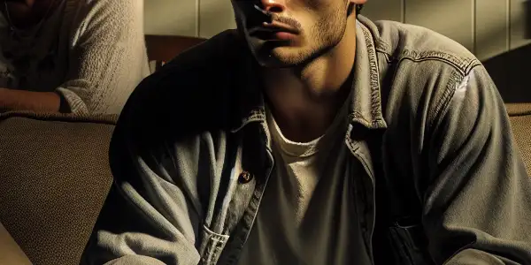 A young man sits introspectively on a couch, while a shadowy figure of a woman looms in the background.