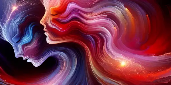 Two abstract figures intertwined in vibrant colors, symbolizing intense connection and passion with dynamic motion and swirling energy.