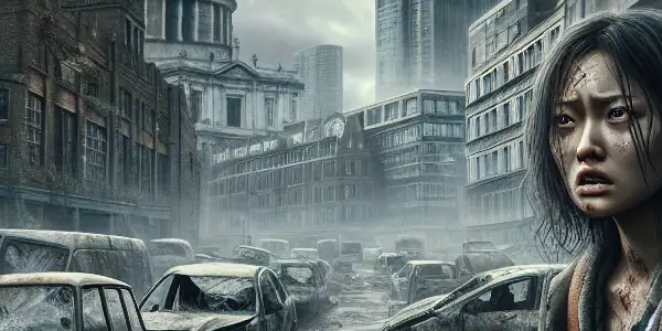 A lone survivor awakens in a desolate, post-apocalyptic London, surrounded by crumbling buildings and lurking danger.