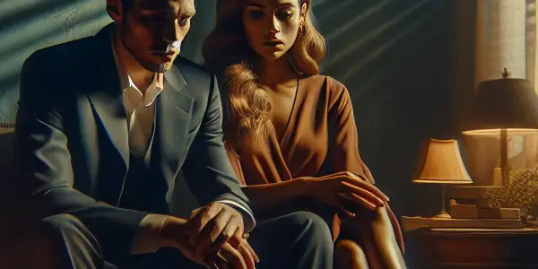 A couple shares a tense, intimate moment on a vintage sofa in a dimly lit room.