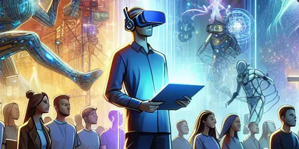 Futuristic virtual reality scene featuring diverse characters engaged in an immersive 3D adult entertainment experience.