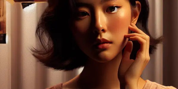 A contemplative young woman in a stylish living room, surrounded by romantic and mysterious elements of her life.