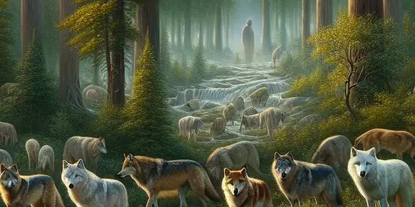 A wild wolf pack navigates a lush forest, highlighting their survival instincts and the tension of human observation.