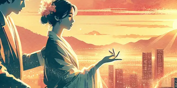 A romantic scene of two characters on a balcony, gazing into each other's eyes against a sunset cityscape.