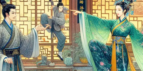 A vibrant Chinese courtyard scene featuring a charming scholar and a graceful woman sharing a playful laugh.