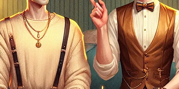 A cozy room with two characters engaging in playful, consensual role-play, emphasizing trust and safety.