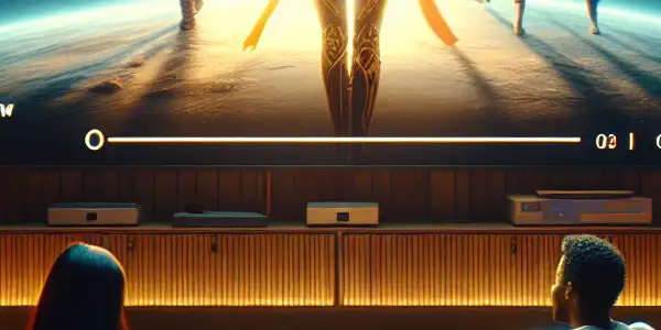 A cozy home gathering of diverse film enthusiasts watching a sci-fi movie on a large television.