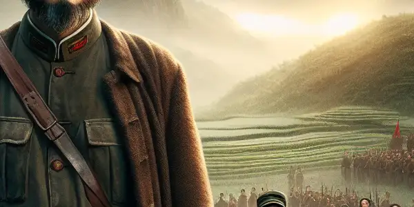 Mao Zedong stands determined on a hillside at dawn, surrounded by peasant soldiers preparing for revolution.
