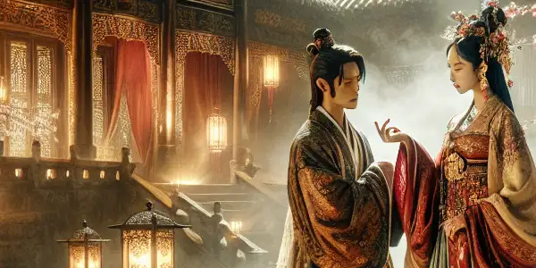 A romantic couple in traditional attire amidst an ancient Asian palace, surrounded by cherry blossoms and a serene water feature.