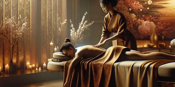 A luxurious Western erotic spa scene featuring a massage therapist and a relaxed client amidst ambient lighting and elegant decor.