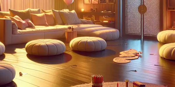 A cozy, dimly-lit room featuring a flat-screen TV with vibrant scenes, playful props, and symbols of privacy.