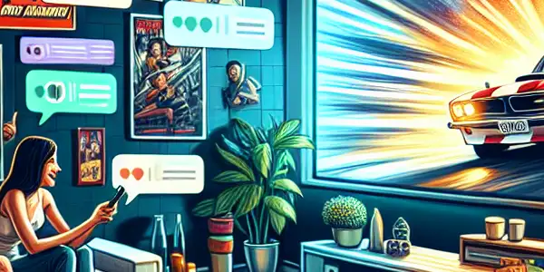 A cozy living room filled with diverse movie enthusiasts watching an action film live stream, surrounded by movie memorabilia.