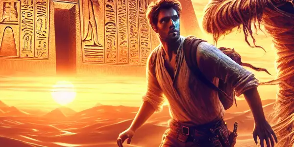 An archaeologist confronts a glowing, mummified figure in a dramatic Egyptian desert at sunset.