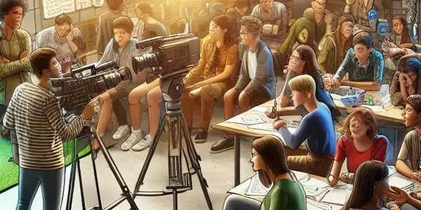 A diverse group of students collaborates in a vibrant classroom, creating a microfilm on political education and youth responsibility.