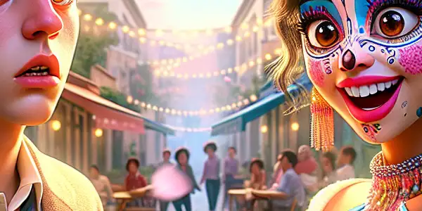 A playful couple in a charming urban setting with cherry blossoms, a quaint café, and a curious dog.