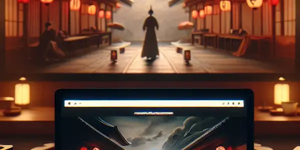 A cozy home theater with Japanese decor, featuring a laptop, popcorn, and a large screen showing an AV film.