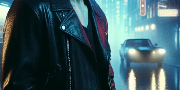 A charismatic man in a leather jacket stands confidently in a dimly lit urban setting with neon lights.