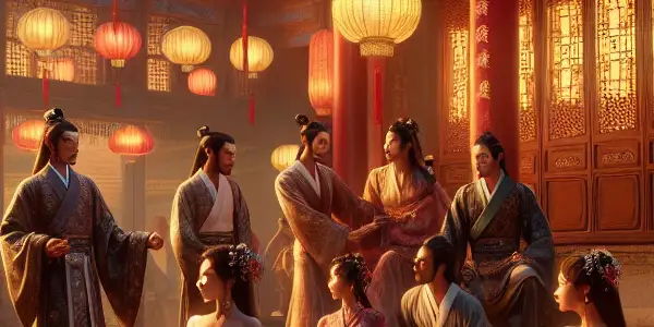 A vibrant Ming Dynasty scene featuring elegantly dressed characters in a dramatic, sensual tableau.