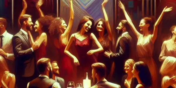 A vibrant gathering of diverse individuals in a luxurious, dimly lit room, expressing joy and intimacy.