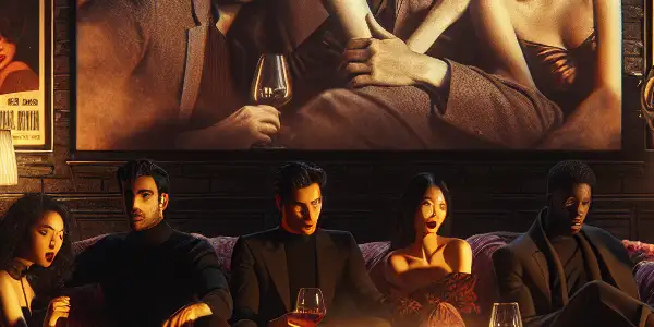 A cozy, dimly lit room with vintage film posters, a projector, and young adults discussing Korean romance films.