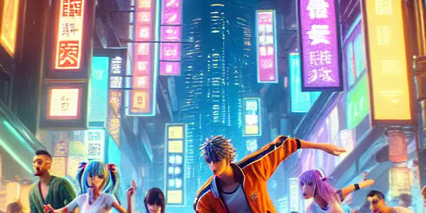 A vibrant urban scene in Tokyo with diverse young adults joyfully engaged in an interactive game under neon lights.