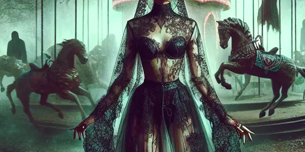 A beautiful young woman stands at a misty, eerie amusement park entrance, surrounded by haunting attractions and shadowy figures.