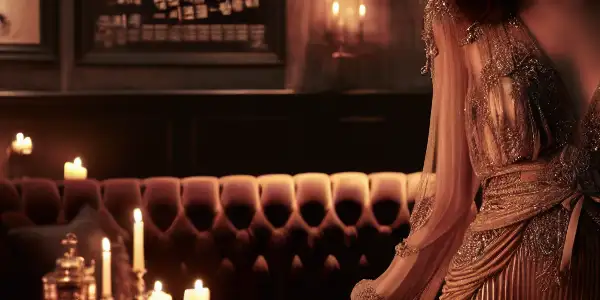 A beautifully styled woman in a dimly lit, elegant room, exuding allure and confidence amidst cinematic references.