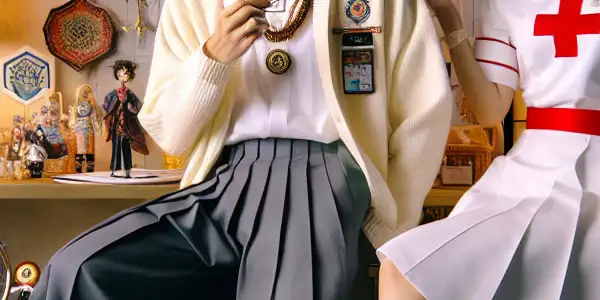 A playful cosplay scene featuring characters in a schoolgirl outfit and a nurse uniform in a cozy, stylish room.