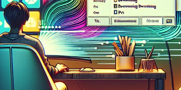 A modern computer setup displaying vibrant thumbnails of multimedia content in a cozy, inviting home environment.