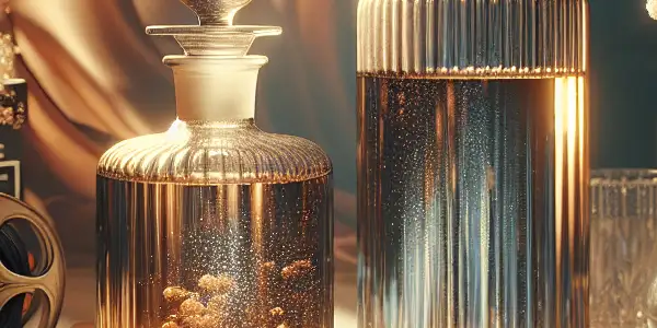 Elegant glass bottles of lubricants surrounded by silk sheets and film reels in a vintage film studio setting.