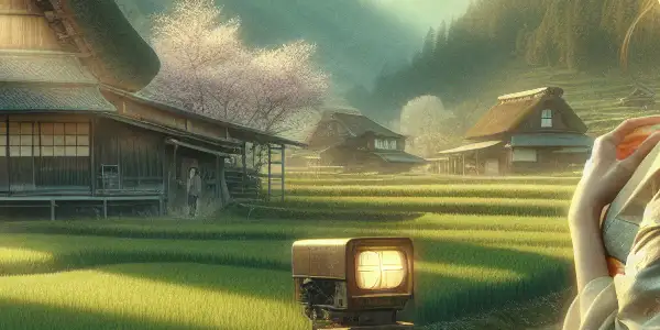 A serene rural Japanese landscape featuring a young woman in a kimono surrounded by cherry blossoms and gentle hills.