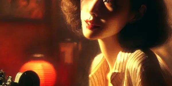 A charismatic woman in elegant attire poses in a dimly lit room, evoking romance and intrigue in a cinematic setting.