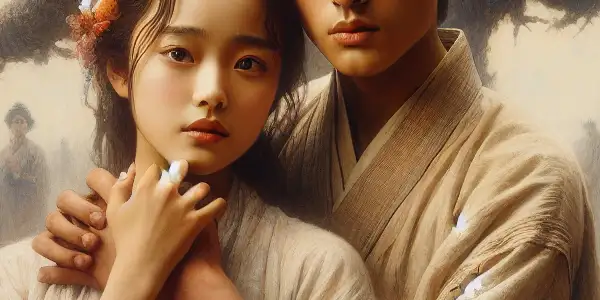 A young couple in love stands under a blooming hawthorn tree, surrounded by hints of societal turmoil.