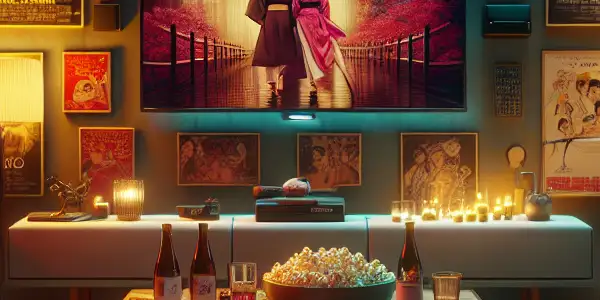 A cozy, dimly lit living room featuring a large TV displaying a classic Japanese AV film with inviting decor.