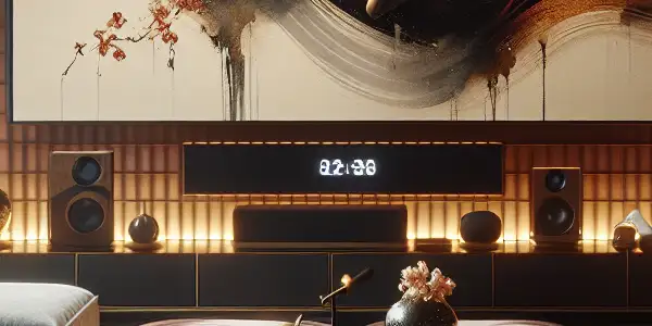 A cozy home theater with a large screen displaying abstract sensuality, warm lighting, and Japanese-inspired decor.